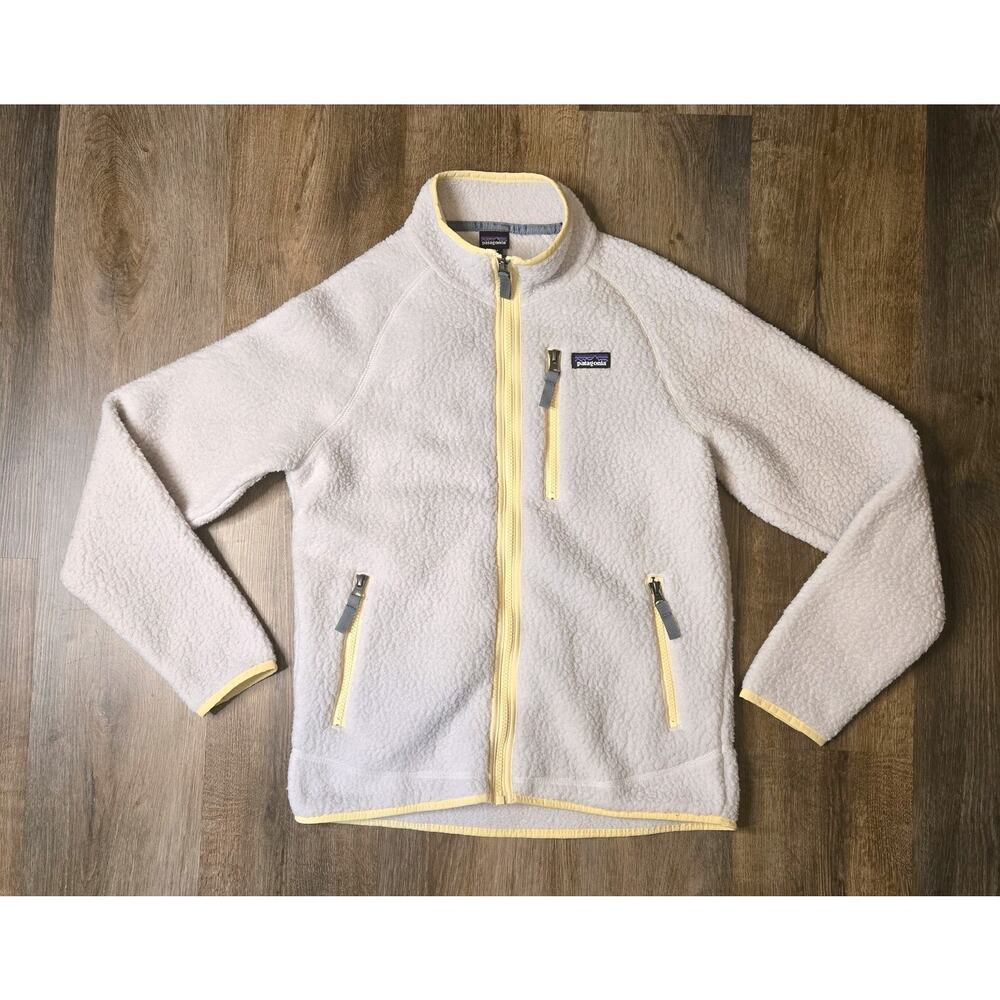 Patagonia Youth Retro Pile Fleece Sherpa Cream Yellow Trim Full Zip Jacket Sz XL